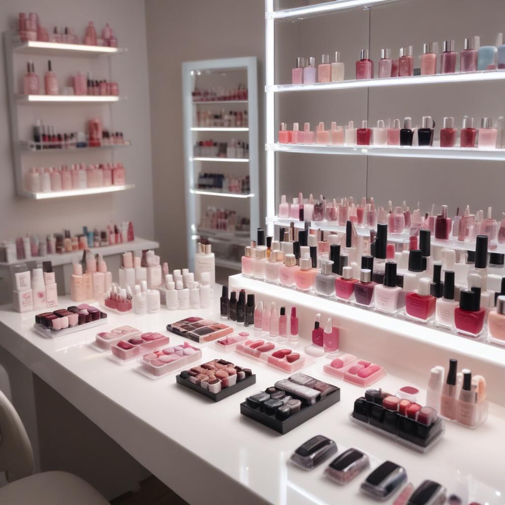 Ассортимент средств и оборудования для ухода за ногтями: гели, гель-лаки, базы, топы и акрил